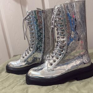 Jimmy Choo Cora Silver Monogram Leather Boot Women's 36/6